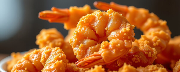 Juicy fried shrimp with crispy golden breading closeup, delicious seafood dish served hot and fresh, perfect for tasty meal