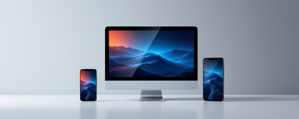 Modern desktop computer and two smartphones with mountain landscape wallpaper screen, minimalistic tech setup white surface with soft lighting