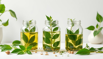Herbal infusion jars with green leaves and seeds in clear glass containers on white surface with natural light