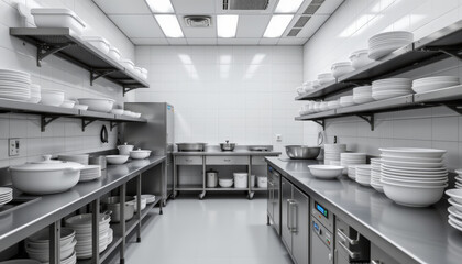 Commercial kitchen with stainless steel counters and shelves filled with white ceramic plates and bowls in clean, organized space