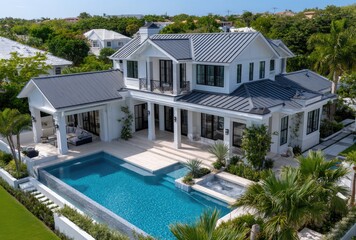 A bird's eye view of an entire modern two-story house with a grey metal roof