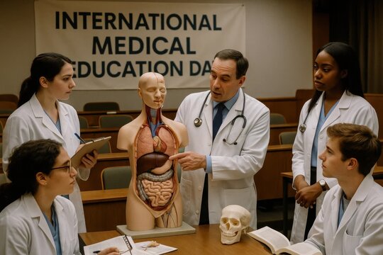 A dedicated professor instructs a diverse group of medical students on human anatomy using a detailed torso model during a class on International Medical Education Day.