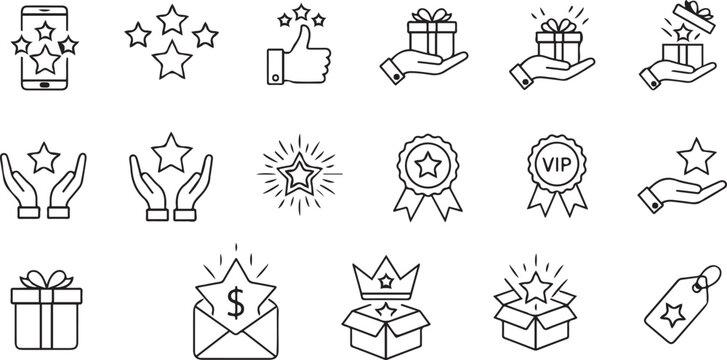Star rating gift and award icons mobile phone stars, star rating, mobile phone, stars, thumbs up, gift box, hand holding gift, award ribbon, vip badge, open gift box, star in envelope, money, crown, t