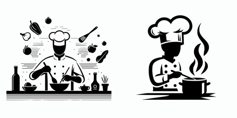 A Chef cooking in kitchen. Career Job Profession Occupation Employment Work Clipart Line Art Vector Illustration. Cuisine expert preparing meal inside food preparation area.