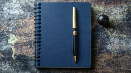 Blue textured notebook with black and gold ballpoint pen and black spherical object on distressed multicolored wooden surface