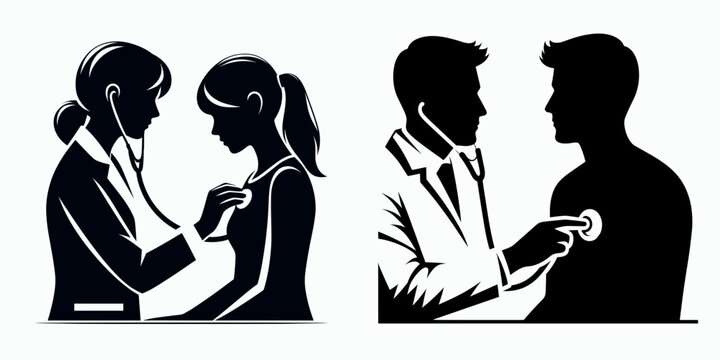 A Doctor checking patients heartbeat. Career Job Profession Occupation Employment Work Clipart Line Art Vector Illustration. medic doing cardiac exam of person using stethoscope to listen.