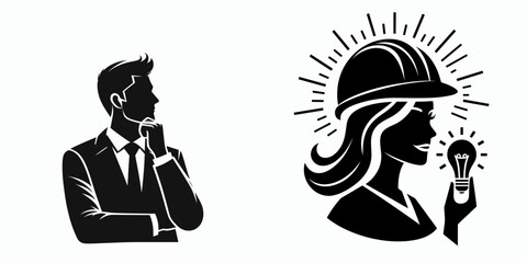 A Engineer feeling innovative. Career Job Profession Occupation Employment Work Clipart Line Art Vector Illustration. Inventive creator with fresh insight for design plus technical advance.