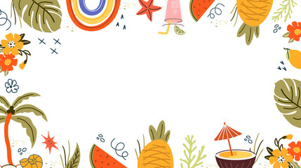 Hand drawn summer background for text. Minimalist line design. Palm tree, lemon, sun, sea, rainbow, cocktail, scribble  in minimal style . Concept of relaxing ocean, traveling, summer sale. Art png