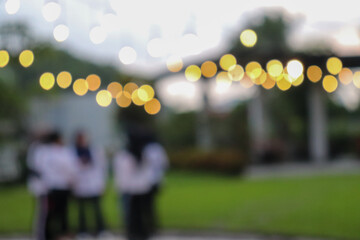 Defocused Outdoor Gathering with Warm String Lights in the Evening