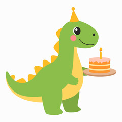 Naklejka premium Adorable green cartoon dinosaur wearing a party hat and holding a birthday cake with a candle on a white background, perfect for children's illustrations!