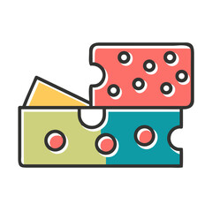 Stylized cartoon cheese blocks with holes and colorful design on black background