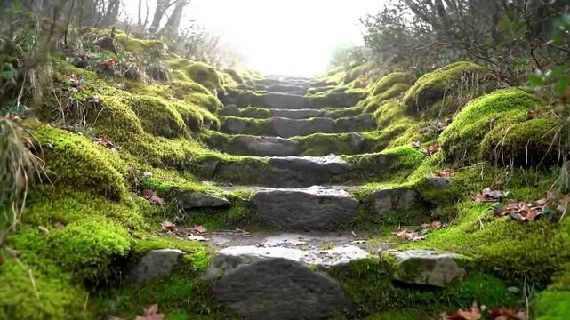 Moss-covered stone steps leading upward through a forest