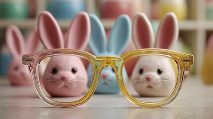 Old-fashioned Easter bunny glasses on a playful white blur, vintage spring fun, quirky pastel