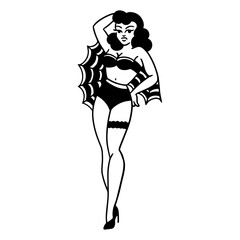 Old School Style Pin-Up Tattoo Design, Pin-up girl vector illustration, 