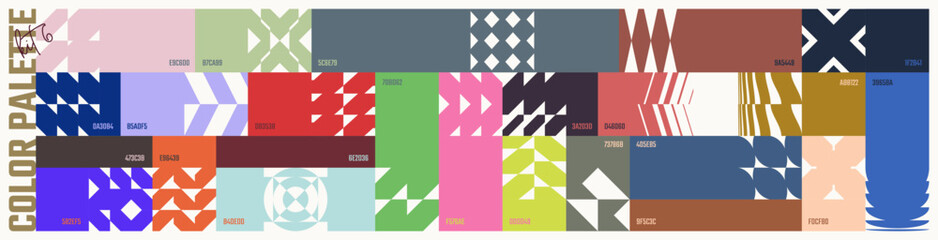 Colour palette set, trendy different combined colors with codes, vector banner with colorful ornament of abstract geometric shapes in brutalism style, modern collage postmodern figures kit 6
