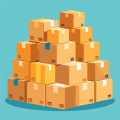 Cartoon illustration of a large stack of cardboard boxes against a blue background, representing delivery, moving, or storage.