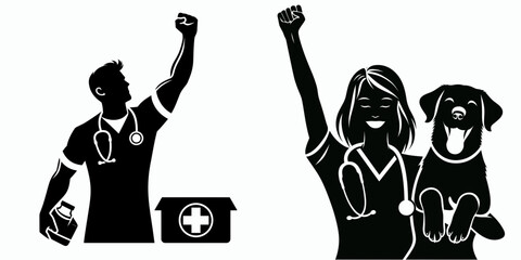 A Veterinarian celebrating recovery. Career Job Profession Occupation Employment Work Clipart Line Art Vector Illustration. Animal doctor enjoys wellness after illness joyful vet feeling.