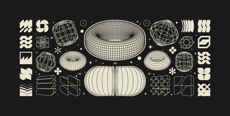 Vector graphic assets kit acid style, Postmodern abstract geometric shapes with wireframe elements of different forms, Y2K trendy design in brutalism aesthetic, template symbols set 19