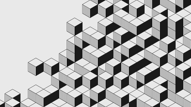 Abstract modern composition in brutalism style, Postmodern geometric ornament with simple shapes in black and white colors, dynamic optical illusion bold aesthetic, 3D isometric cube puzzle