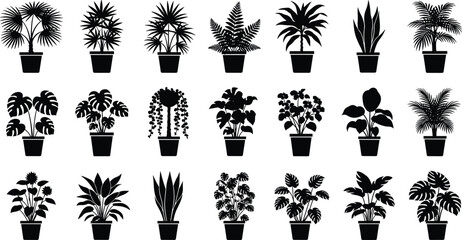 Set of indoor potted plant silhouettes, botanical houseplant vector icons, black tropical foliage clipart, decorative greenery elements isolated on white