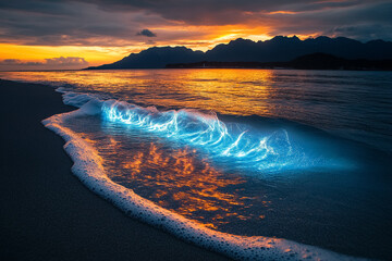 Golden hour beach view with waves crashing, sunset sky, and mountain range backdrop