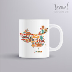 Stylized China map made of national cultural symbols with flat design and mug mockup. Perfect for souvenirs, travel designs and editorial use