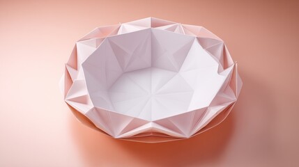 Photo of a delicate origami rose bowl sits gracefully on a soft pink surface, showcasing intricate geometric folds and a modern, minimalist aesthetic