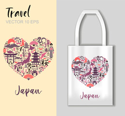 Heart shaped vector with traditional Japanese symbols and tote bag mockup for travel prints, souvenirs, and cultural designs.