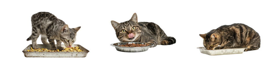 Three Cats Eating from Bowls with Variety of Food Options