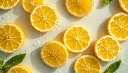 Obraz premium Overhead View of Fresh Lemon Slices with Green Leaves and Water Droplets