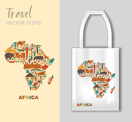 Colorful vector map of Africa made of traditional symbols with tote bag mockup for travel and cultural design projects