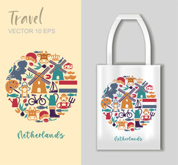 Vector composition of Netherlands symbols in a circle with tote bag mockup good for souvenirs and travel prints.