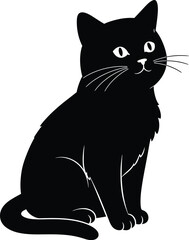 Solid black silhouette of a cat sitting with white background 