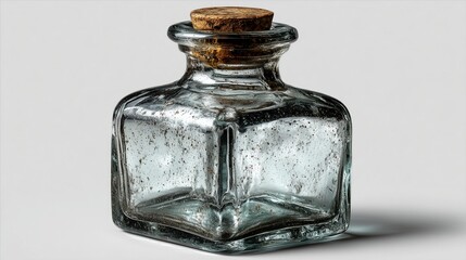 Old-fashioned glass medicine bottle on white, apothecary aesthetic, minimalist vintage