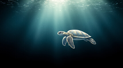Obraz premium Realistic photo of a sea turtle swimming gracefully through crystal-clear turquoise waters with sunlight filtering through.
