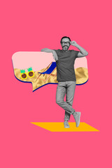 3d trendy image photo collage of happy man stand bubble sand longer sunglass beach summer vacation...