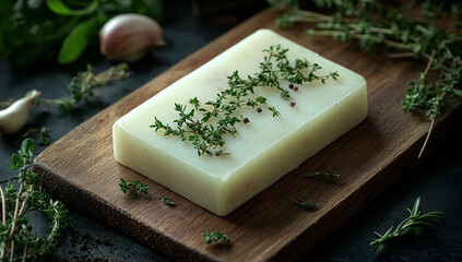 Herbal soap with white and green layers, topped with dried herbs and plants