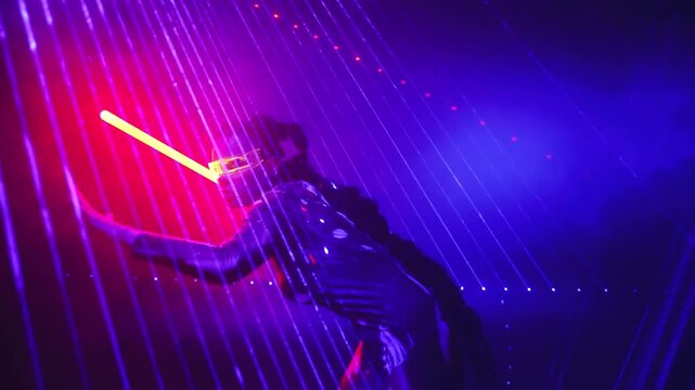 Fantasy cyborg woman robot costume glowing glasses metal body cyberpunk style braid hairstyle. Sexy girl in virtual reality game, warrior future holding vr laser sword in hands. dancing in night club