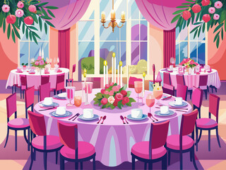 vector of Pink table set for wedding ceremony. Setting up a luxurious and beautiful dinner table in a restaurant with glasses, dishes, flower arrangement...