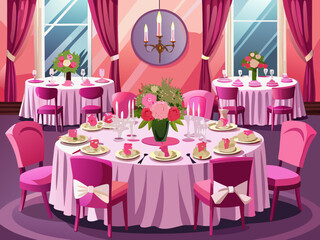 vector of Pink table set for wedding ceremony. Setting up a luxurious and beautiful dinner table in a restaurant with glasses, dishes, flower arrangement...
