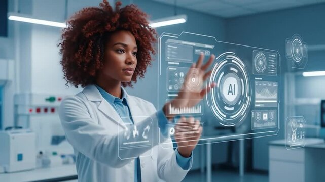 African American Scientist Interacting with AI Interface in Modern Lab