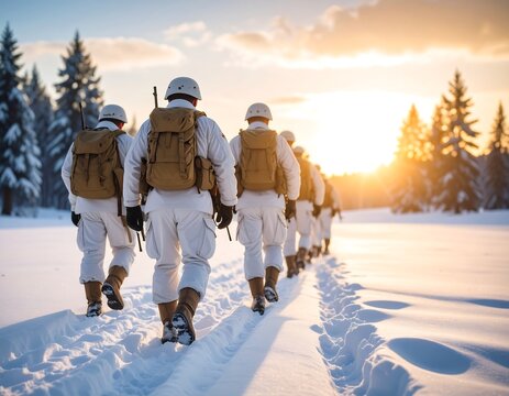 Soldiers marching in snowy landscape at sunset - Powered by Adobe