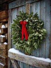 Green wreath with a red bow on a rustic wooden door, snowy backdrop, festive cottage vibe