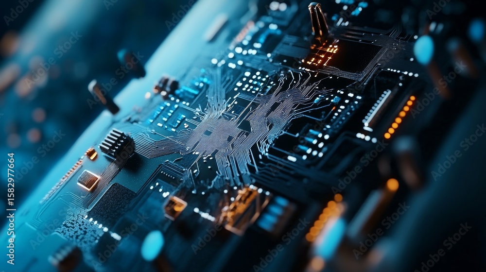 Poster futuristic microchip design showcasing advanced cyber communication system and illumination