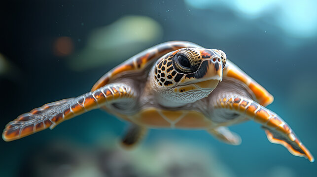 Macro shot of a sea turtle's face highlighting its expressive eyes, beak, and intricate skin patterns in natural light.