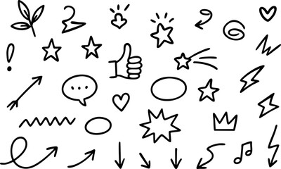 Hand-drawn sketch style doodle elements. Includes arrows, stars, hearts, lightning, bubbles, thumbs up, and other fun cartoon icons for decoration or annotation