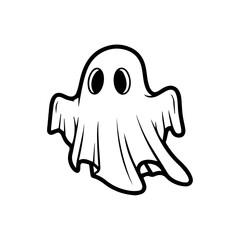 Hand-Drawn Cute Black and White Outline Icon Illustration of a Cartoon Ghost with Large Round Eyes and Playful Flowing Sheet Shape o