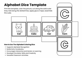 ABC Alphabet Coloring Dice Template for Kids, Printable Letter Recognition & Vocabulary Game, Fun Early Literacy Activity, Back to school Activity