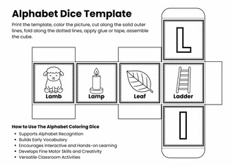 ABC Alphabet Coloring Dice Template for Kids, Printable Letter Recognition & Vocabulary Game, Fun Early Literacy Activity, Back to school Activity