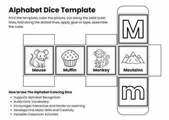 ABC Alphabet Coloring Dice Template for Kids, Printable Letter Recognition & Vocabulary Game, Fun Early Literacy Activity, Back to school Activity